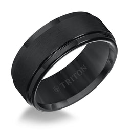 ARCHIBALD Black Tungsten Ring with Raised Satin Center and Polished Step Edges by Triton Rings - 9 mm - Larson Jewelers