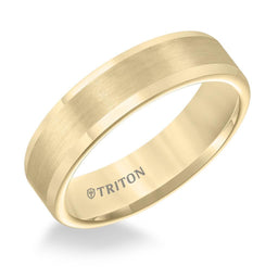 ARMEN Flat Yellow Gold Plated Tungsten Carbide Ring with Satin Finished Center and Polished Edges by Triton Rings - 6mm - Larson Jewelers