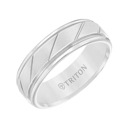 ADLER White Tungsten Ring with Brushed Diagonally Grooved Center by Triton Rings - 7mm - Larson Jewelers