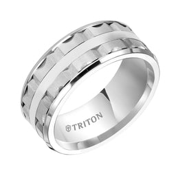 LOWELL Beveled Edge White Tungsten Carbide Wedding Band with Split Matrix Pattern and Polished Center Stripe by Triton Rings - 9mm - Larson Jewelers