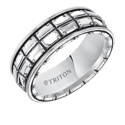 ARION Sterling Silver Wedding Band with Riveted Plate Design and Black Oxidation Finish by Triton Rings - 8 mm - Larson Jewelers