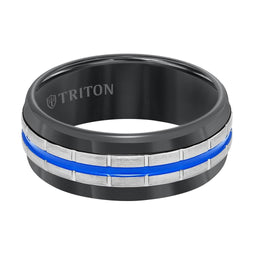 Black Tungsten Vertical Grooved Wedding Band with Electric Blue Stripe Center by Triton Rings - 8.5mm - Larson Jewelers