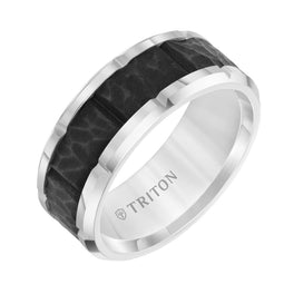 White Tungsten Carbide Two-Tone Sandblasted Wedding Band with Polished Edges & Cut Accents by Triton Rings - 9mm - Larson Jewelers