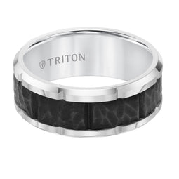 White Tungsten Carbide Two-Tone Sandblasted Wedding Band with Polished Edges & Cut Accents by Triton Rings - 9mm - Larson Jewelers