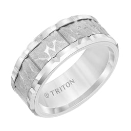 White Tungsten Textured Sandblasted Center Wedding Ring with Polished Edges & Cut Accents by Triton Rings - 9mm - Larson Jewelers