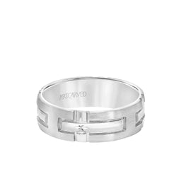 CATHEDRAL 14k White Gold Wedding Band Engraved Cross Design Brushed Finish Flat Edges by Artcarved - 7 mm - Larson Jewelers