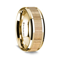 14K Yellow Gold Polished Beveled Edges Wedding Ring Ash Wood Inlay - 8 mm - Larson Jewelers