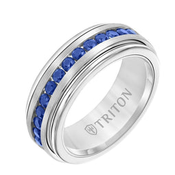 8MM Tungsten Carbide Ring - Blue Sapphires Channel Set Silver Satin Finish by TRITON - Larson Jewelers
