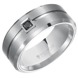 Sherman Beveled Grooved Brushed Finish White Tungsten Ring Black Diamond Square Bezel by Triton Rings - 9mm - Larson Jewelers