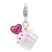Sterling Silver Enameled 3-D Cupcake And Heart With Lobster Clasp Charm - Larson Jewelers
