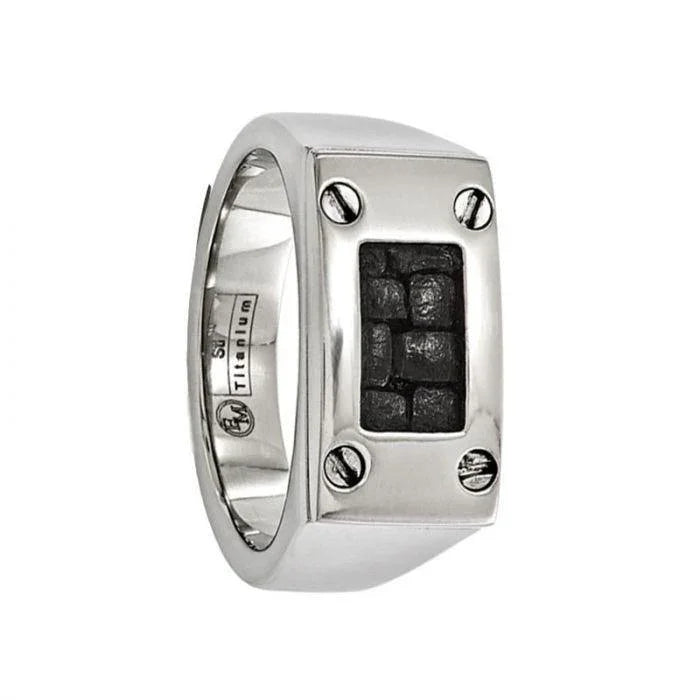 ACANTHUS Polished Titanium Ring with Black Leather Insert by Edward Mirell - 10 mm
