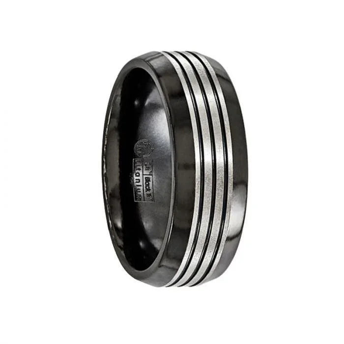 QUINTUS Black Titanium Ring Black with Grooves & Beveled Edges Band by Edward Mirell - 8 mm