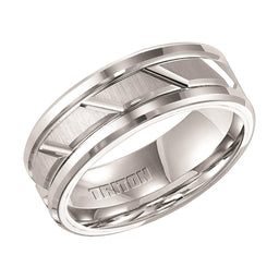 KURT Dual Grooved White Tungsten Carbide Wedding Band with Diagonal Cut Brush Finished Center and Polished Beveled Edges by Triton Rings - 8 mm - Larson Jewelers