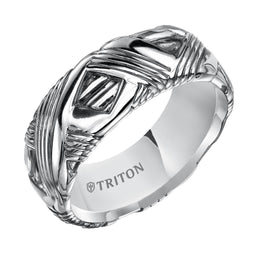 REUBEN Sterling Silver Cast Comfort Fit Wedding Band with Diagonal Multi-Grooved Pattern and Black Oxidation Finish by Triton Rings - 9 mm - Larson Jewelers