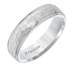 BESART White Tungsten Carbide Step Edge Comfort Fit Band with Satin Hammer Texture by Triton Rings - 6mm - Larson Jewelers