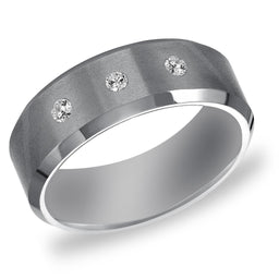 BARON Flat Beveled Tungsten Ring with Brushed Center & 3 White Diamonds by Triton Rings - 8mm - Larson Jewelers