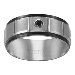9MM Black and White Tungsten Carbide Comfort Fit Band with Vertical Cuts and Bezel Set Black Diamond - Larson Jewelers