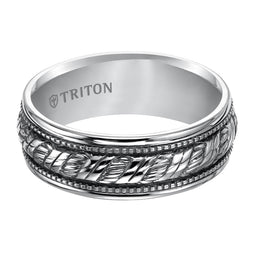 LUCA Sterling Silver Comfort Fit Wedding Band with Woven Center, Offset Milgrains, and Black Oxidation Finish by Triton Rings -8mm - Larson Jewelers