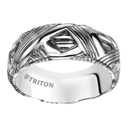 REUBEN Sterling Silver Cast Comfort Fit Wedding Band with Diagonal Multi-Grooved Pattern and Black Oxidation Finish by Triton Rings - 9 mm - Larson Jewelers