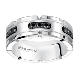 KENZO White Tungsten Ring with Silver Inlay & Black Diamonds by Triton Rings - 8mm - Larson Jewelers