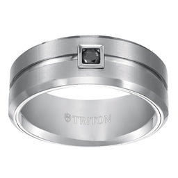 Sherman Beveled Grooved Brushed Finish White Tungsten Ring Black Diamond Square Bezel by Triton Rings - 9mm - Larson Jewelers