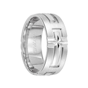 CATHEDRAL 14k White Gold Wedding Band Engraved Cross Design Brushed Finish Flat Edges by Artcarved - 7 mm - Larson Jewelers