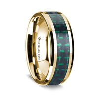14K Yellow Gold Polished Beveled Edges Wedding Ring with Black and Green Carbon Fiber Inlay - 8 mm - Larson Jewelers