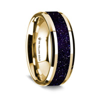14K Yellow Gold Polished Beveled Edges Wedding Ring with Purple Goldstone Inlay - 8 mm - Larson Jewelers