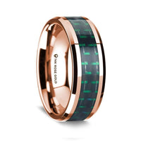 14k Rose Gold Polished Beveled Edges Wedding Ring with Black and Green Carbon Fiber Inlay - 8 mm - Larson Jewelers