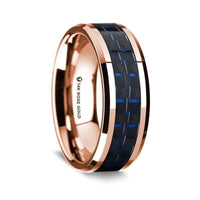 14K Rose Gold Polished Beveled Edges Wedding Ring with Black and Dark Blue Carbon Fiber Inlay - 8 mm - Larson Jewelers
