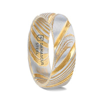 CERSEI Gold Color Domed Brushed Damascus Steel Men’s Wedding Band with Vivid Etched Design - 6mm & 8mm - Larson Jewelers
