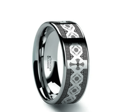 CATHOLY Classic Flat Tungsten Carbide Ring with Engraved Cross Pattern