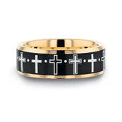 MULTIPLE CROSS Engraved Gold Plated Tungsten Polished Beveled Ring with Brushed Black Center