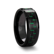 ATILUS Beveled Black Ceramic Wedding Band with Black & Green Carbon Fiber - 8mm - Larson Jewelers