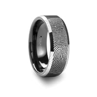 Fingerprint Engraved Flat Black Tungsten Ring with Brushed Finish with Polished Beveled Edges - Aston - 4mm - 10mm - Larson Jewelers