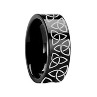 Triquetra Celtic Trinity Ring Engraved Flat Black Tungsten Ring Polished - 4mm - 12mm - Larson Jewelers