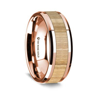14K Rose Gold Polished Beveled Edges Wedding Ring with Ash Wood Inlay - 8 mm - Larson Jewelers