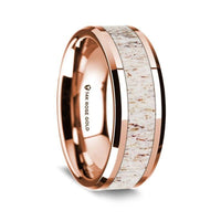 14K Rose Gold Polished Beveled Edges Wedding Ring with White Deer Antler Inlay - 8 mm - Larson Jewelers