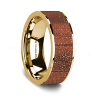 Flat Polished 14K Yellow Gold Men's Wedding Ring with Orange Goldstone Inlay - 8 mm - Larson Jewelers