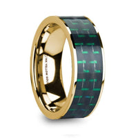 HALI Black & Green Carbon Fiber Inlaid 14k Yellow Gold Men’s Wedding Ring with Polished Finish - 8mm - Larson Jewelers