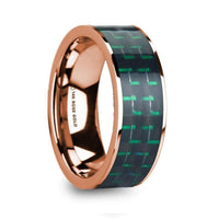 ISADORIOS Men’s Polished 14k Rose Gold Flat Ring with Black & Green Carbon Fiber Inlay - 8mm - Larson Jewelers
