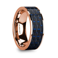 MARKOS Blue & Black Carbon Fiber Inlaid Polished 14k Rose Gold Men’s Flat Wedding Ring - 8mm - Larson Jewelers