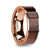 ROUVIN Polished 14k Rose Gold Men’s Wedding Band with Red Wood Inlay - 8mm - Larson Jewelers