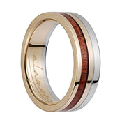 14K Yellow Gold & White Gold Flat Wedding Ring With Koa Wood Inlay - 6mm - Larson Jewelers