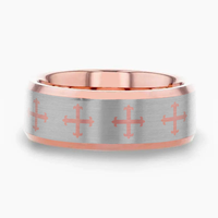 FLEUR CROSS on Flat Rose Gold Plated Tungsten Carbide Ring with Beveled Edges