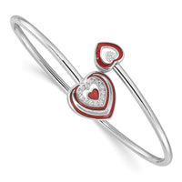 Sterling Silver Rh-plated CZ Red Enamel Heart Flexible Cuff Bangle Bracelet - Larson Jewelers