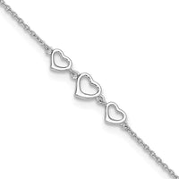Sterling Silver Rhodium-plated 10 in Plus1 in ext Three Hearts Anklet - Larson Jewelers