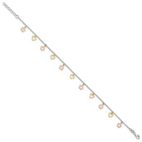 Sterling Silver Gold and Rose-tone Heart Flower 9in Plus 1in ext. Anklet - Larson Jewelers