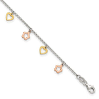 Sterling Silver Gold and Rose-tone Heart Flower 9in Plus 1in ext. Anklet - Larson Jewelers