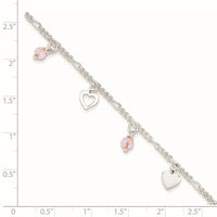 Sterling Silver Pink Glass Beads and Polished Hearts 9 inch Anklet with 1 inch extension - Larson Jewelers